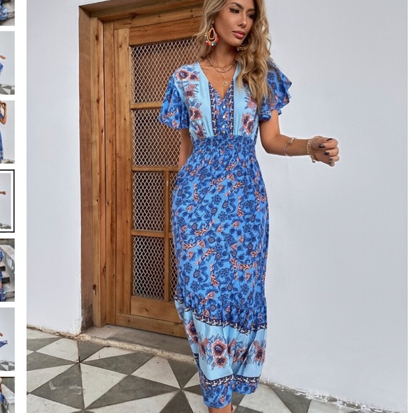 🎉 Blue Floral Shirred Waisted Dress - Picture 8 of 8